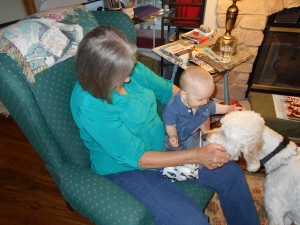 Playing with Great-Grandma and her standard poodle.